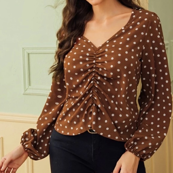 Brown Polka-dot vintage blouse top - Picture 1 of 8